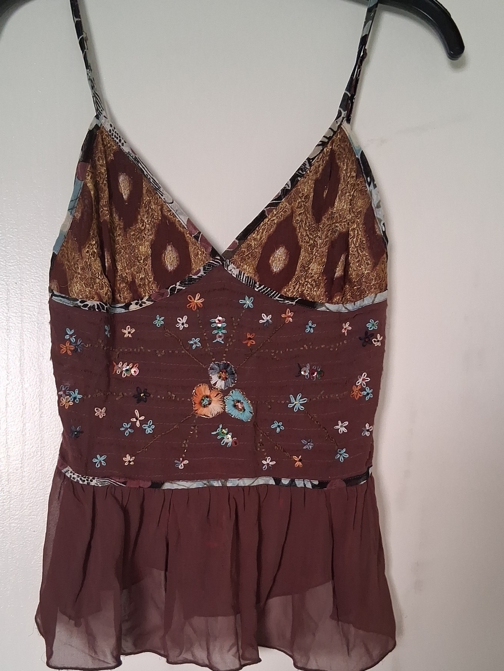 Brown Embroidered Floral Spaghetti-Strap Women's Top. Brand Lapetina&Lameli.